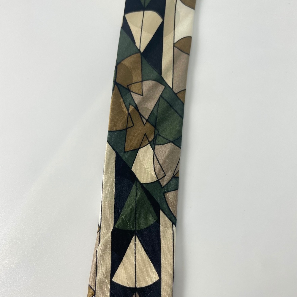 Vintage 90s Silk Tie Abstract Bachrach Screenplay by Martin Wong Geometric Olive - Picture 10 of 12